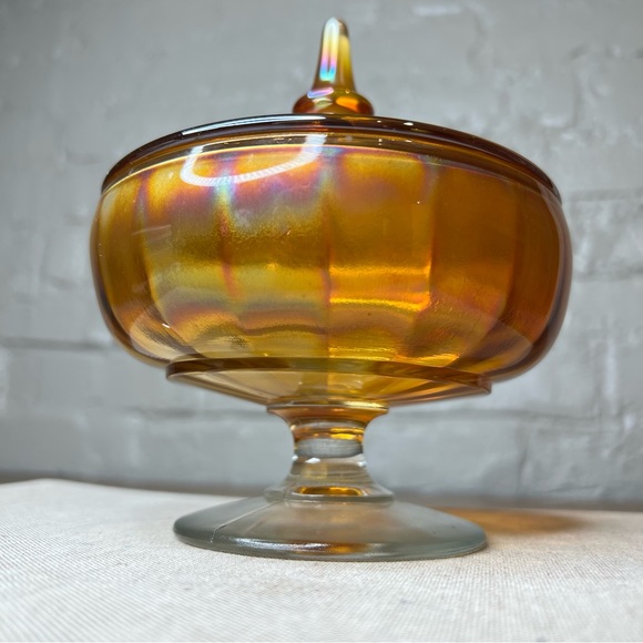 Vintage MCM Marigold Iridescent Carnival Glass Lidded Footed Candy Dish With Lid - Picture 3 of 10